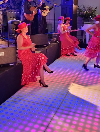 Danseressen in rode jurken op een verlichte dansvloer met live muziek